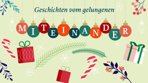 Weihnachtsbaumkugeln mit dem Schriftzug "Miteinander" und Tannengrün