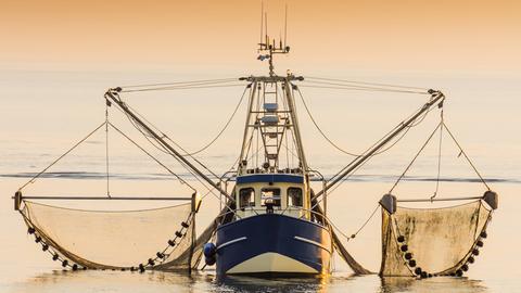 Fischkutter auf der Nordsee fischt mit Schleppnetz.