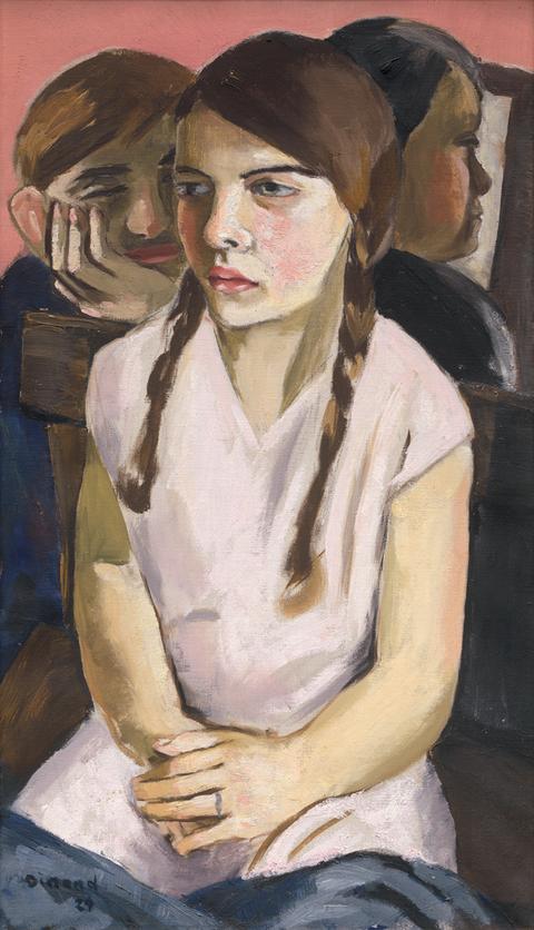 Inge Dinand: Porträt eines Mädchens mit Zöpfen und zwei Jungen
