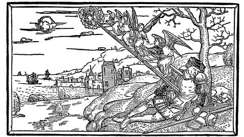 Jakobs Traum von der Himmelsleiter. Aus der Lübecker Bibel, 1494.